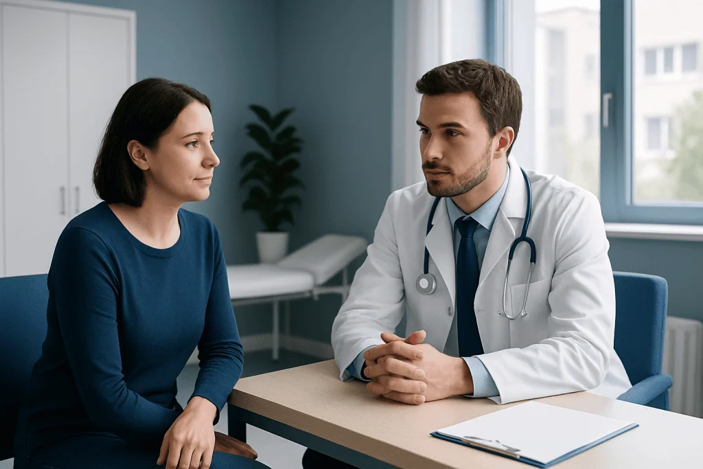 Doctor consulting with a female patient in a modern clinic setting.
