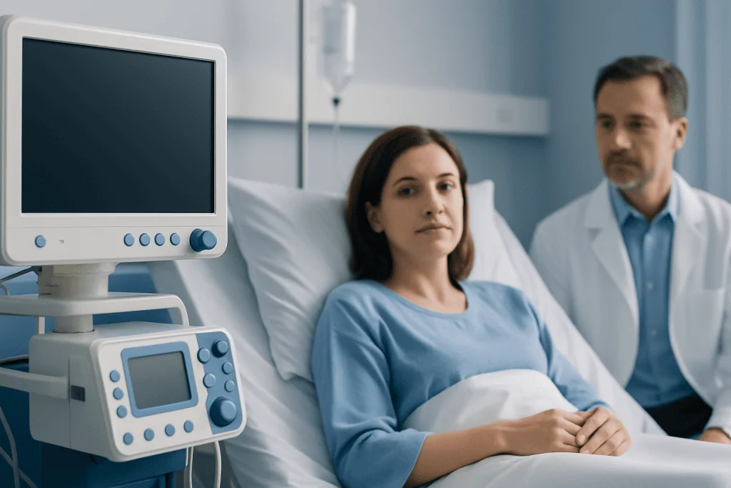 Patient in hospital bed with doctor and medical equipment in background.
