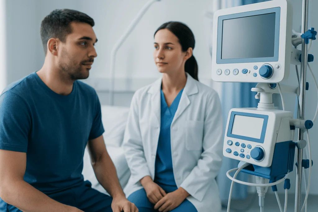 Doctor consulting patient in hospital room with medical equipment.
