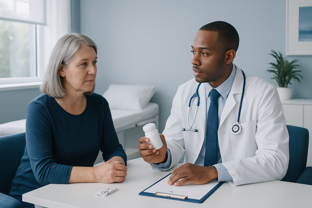 Doctor explaining medication to an elderly woman in a consultation room.