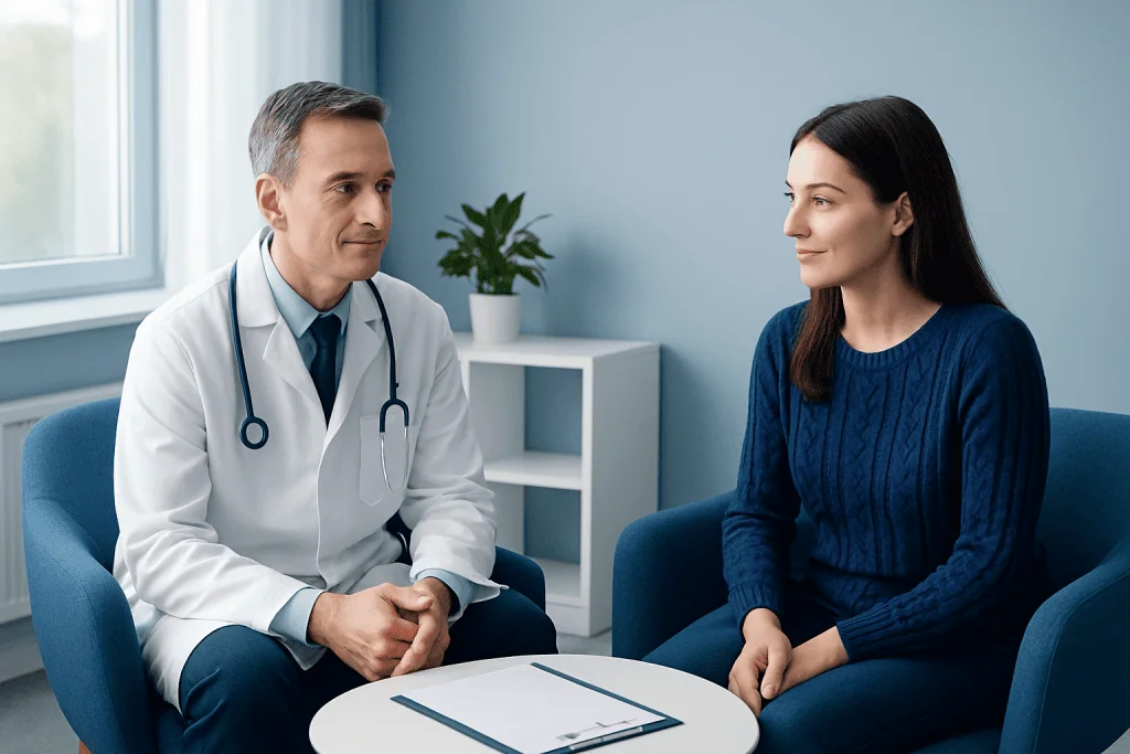 Doctor consulting with a female patient in a medical office.
