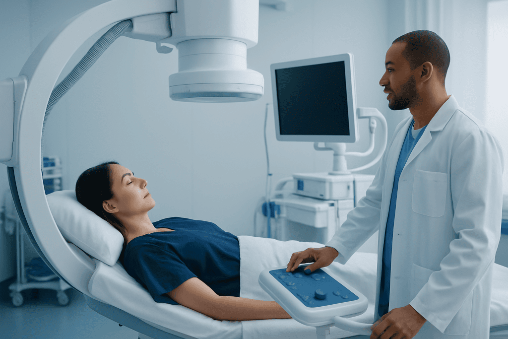 Medical professional preparing patient for imaging procedure in hospital.