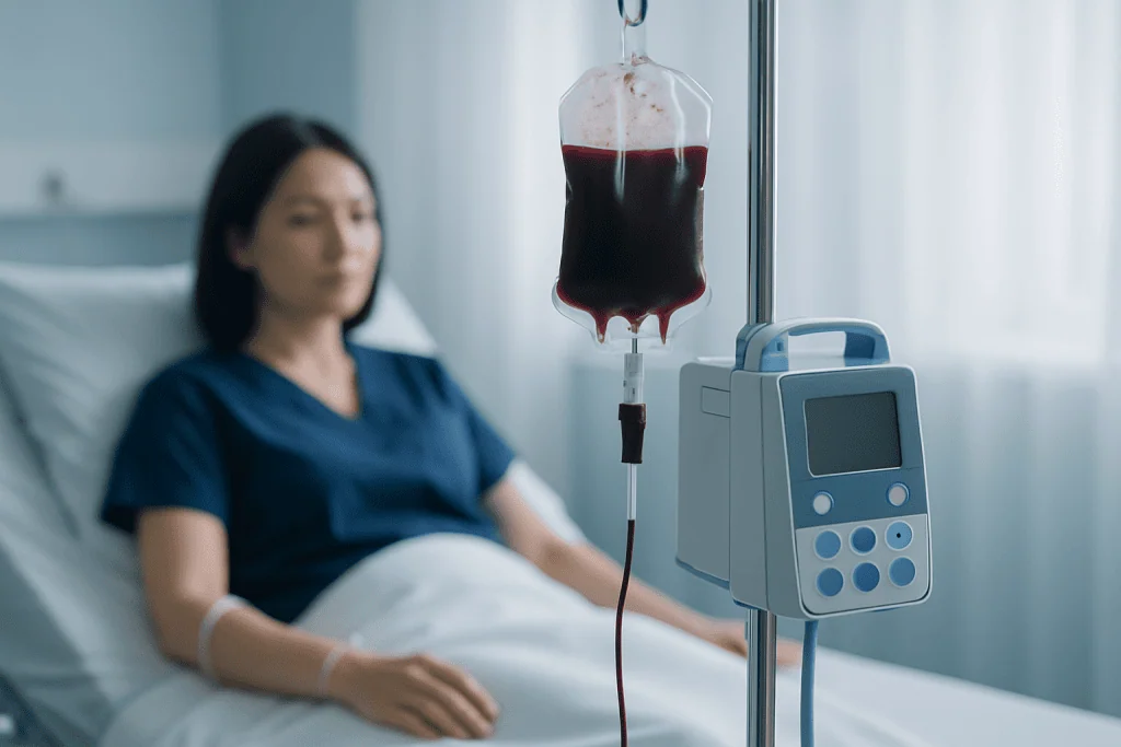 Patient receiving blood transfusion in hospital setting.