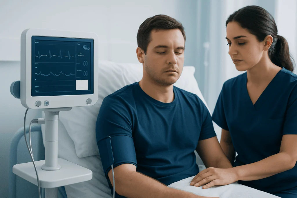Patient undergoing heart monitoring in a hospital setting.