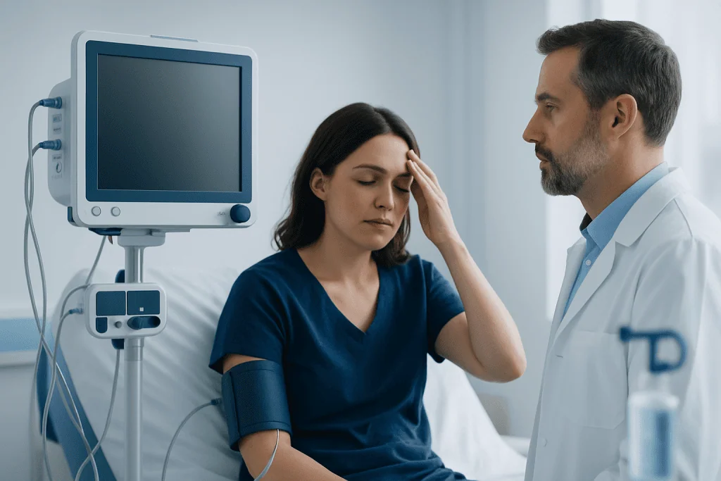 Patient experiencing headache during medical consultation at hospital.