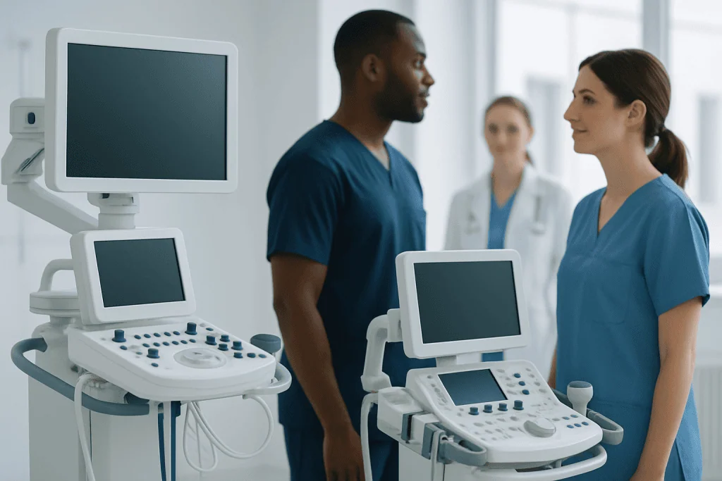 Medical professionals discussing ultrasound equipment in a hospital setting.