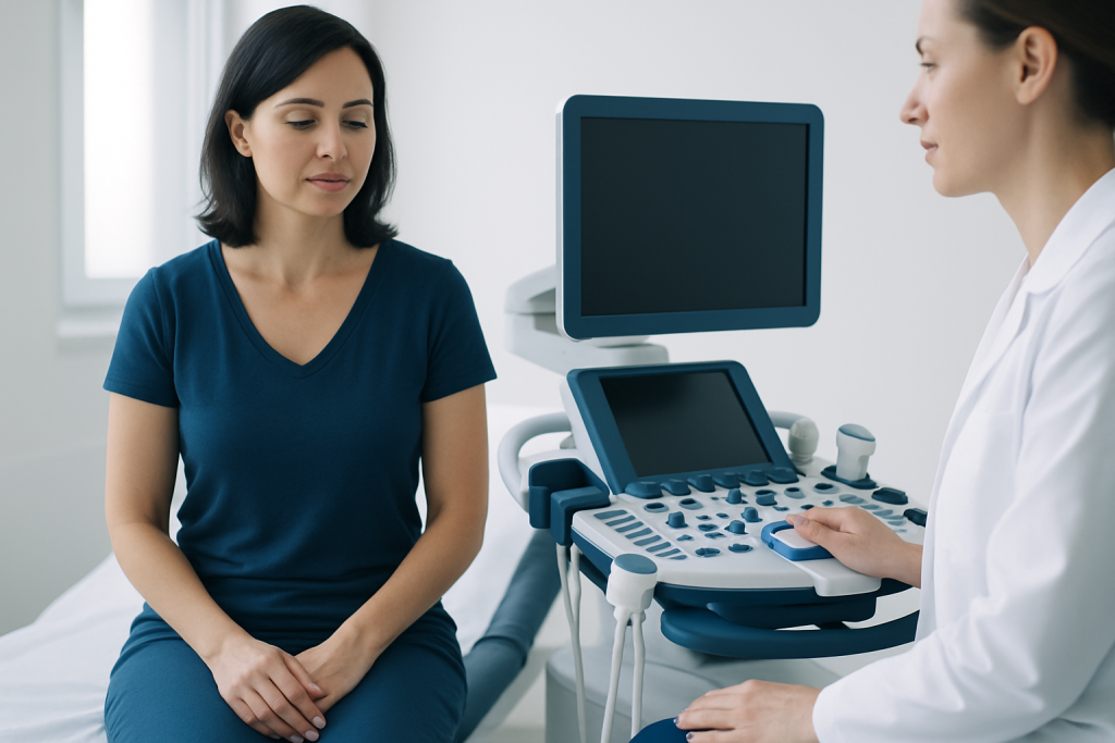 Woman undergoing a medical ultrasound examination in a clinical setting.