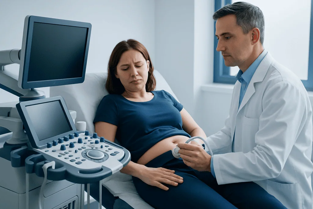 Doctor examining a woman with stomach pain using ultrasound in hospital.