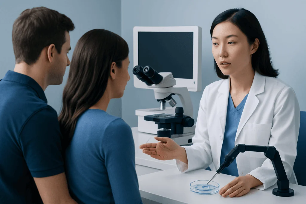 Doctor explaining medical procedure to couple in clinic setting.