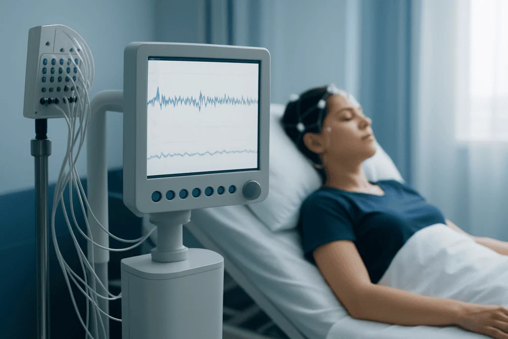 Patient undergoing sleep study with EEG monitoring at Acibadem Hospitals Group.