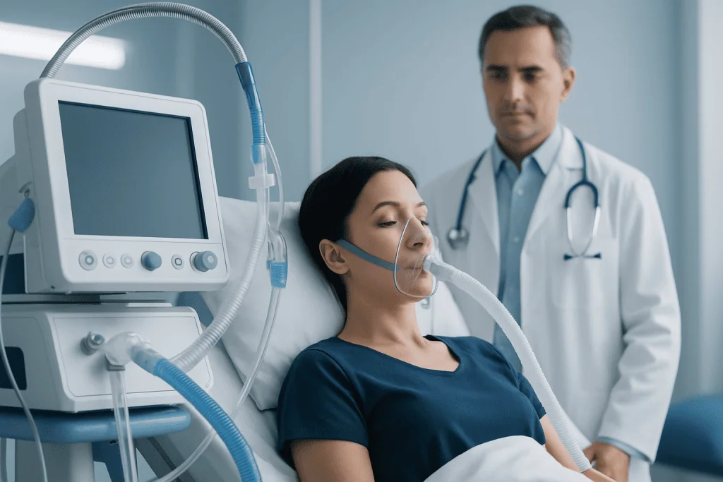 Patient on ventilator with doctor in hospital setting.