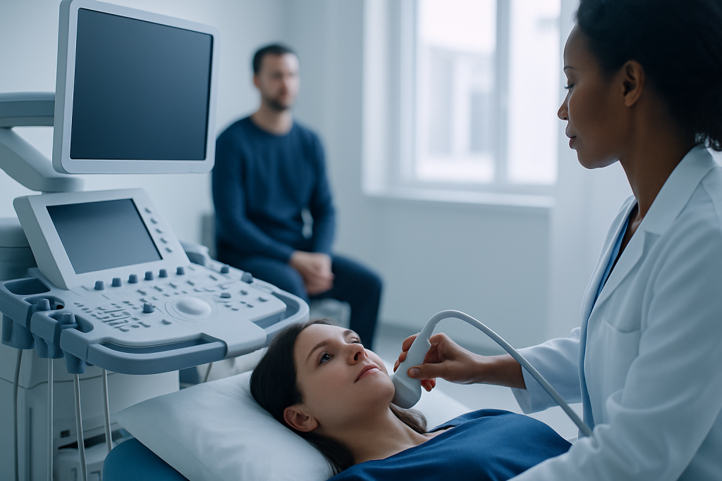 Medical professional performing an ultrasound on a patient in a hospital room.