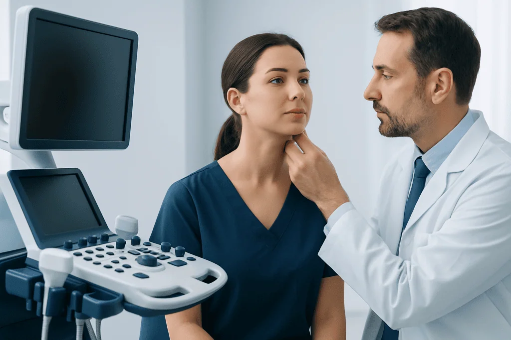 Doctor examining a patient's neck for lymph nodes in a medical clinic.