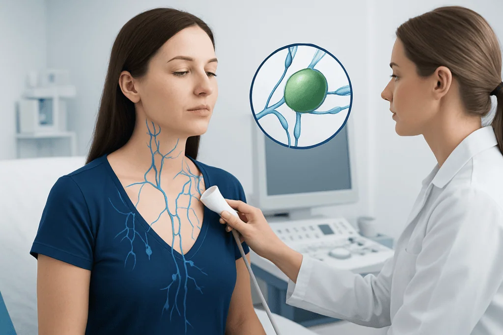 Doctor examines a woman's neck with ultrasound for lymph node analysis.