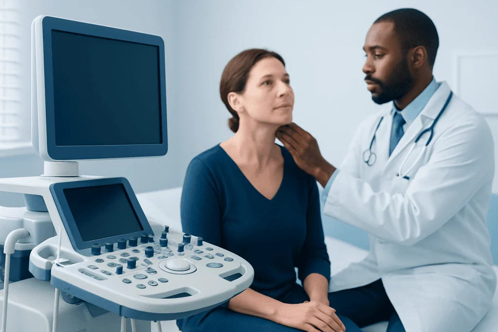 Doctor examining a woman's neck with ultrasound equipment in a clinic setting.