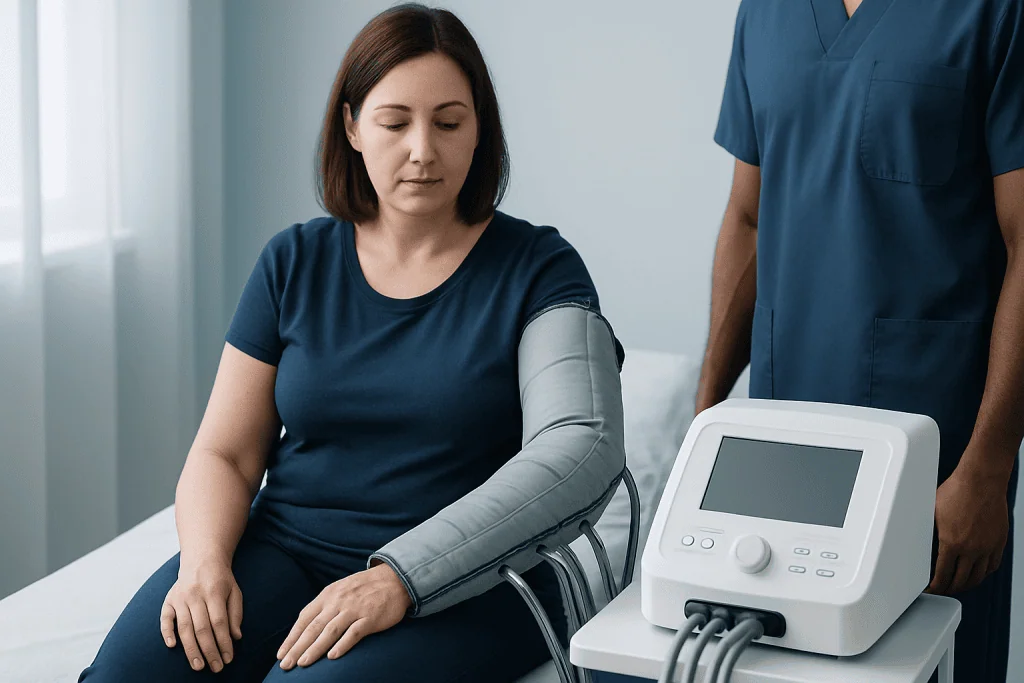 Patient receiving lymphedema treatment with medical device at Acibadem Hospital.
