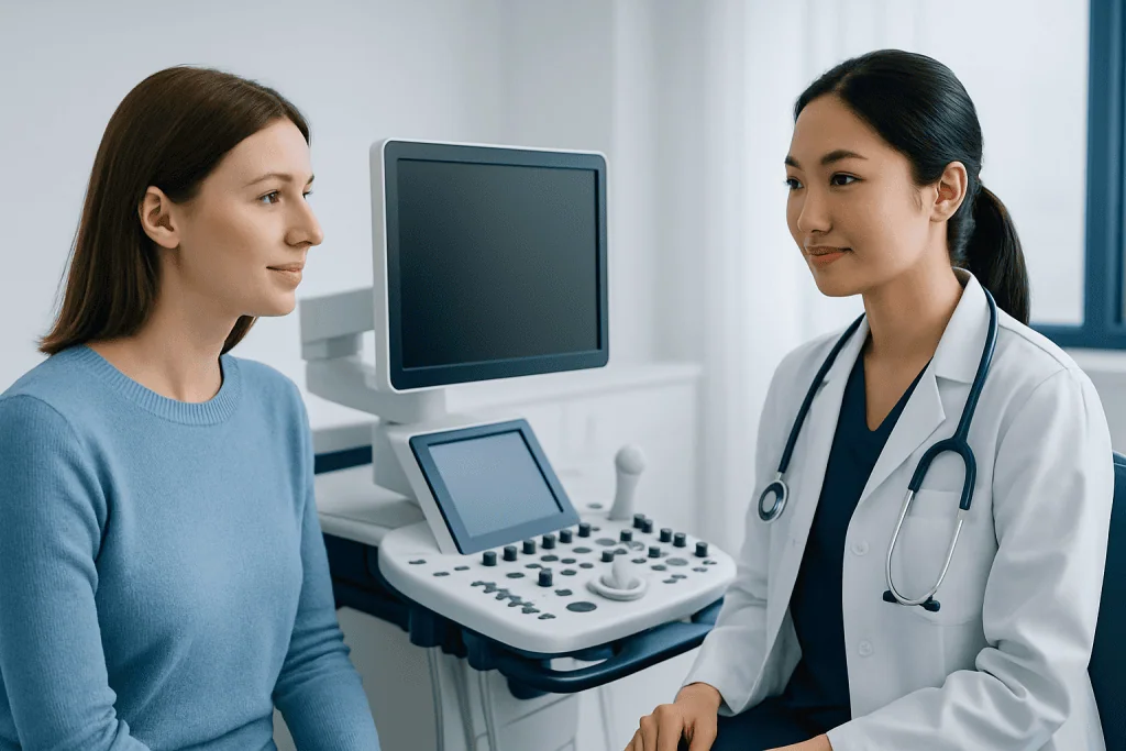 Doctor consulting with patient in a medical examination room at Acibadem Hospitals.