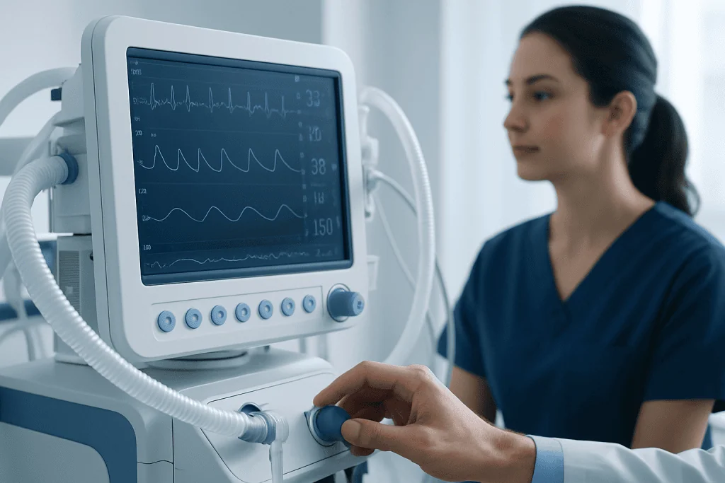 Medical professional monitoring patient vital signs on a hospital monitor.