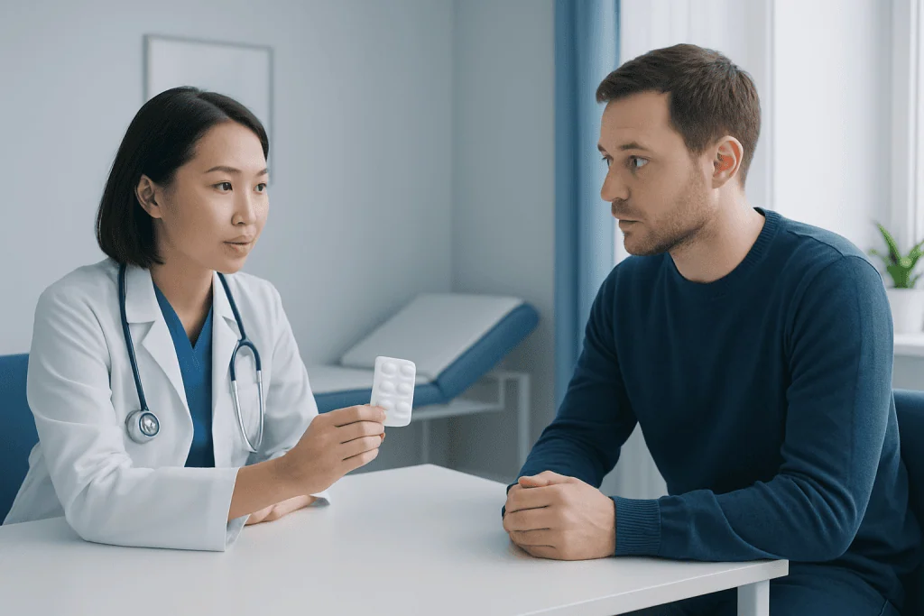 Doctor explaining medication to patient in clinic setting.