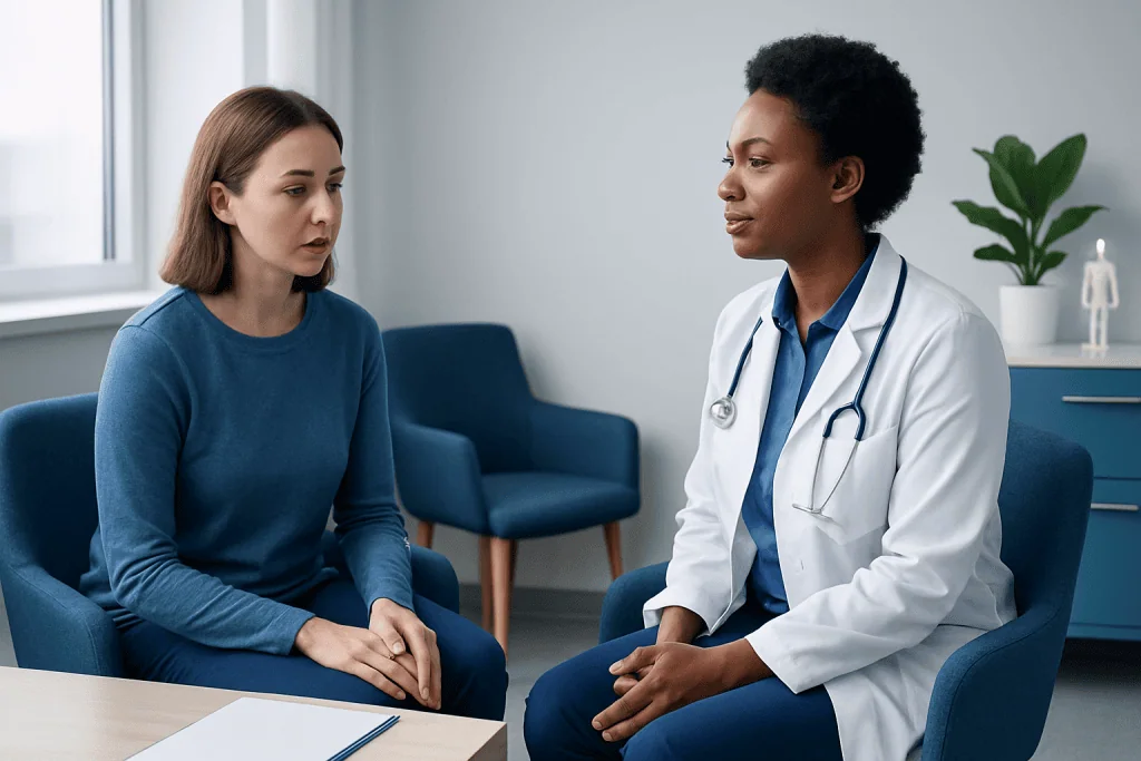Doctor consulting with a patient in a medical office setting.