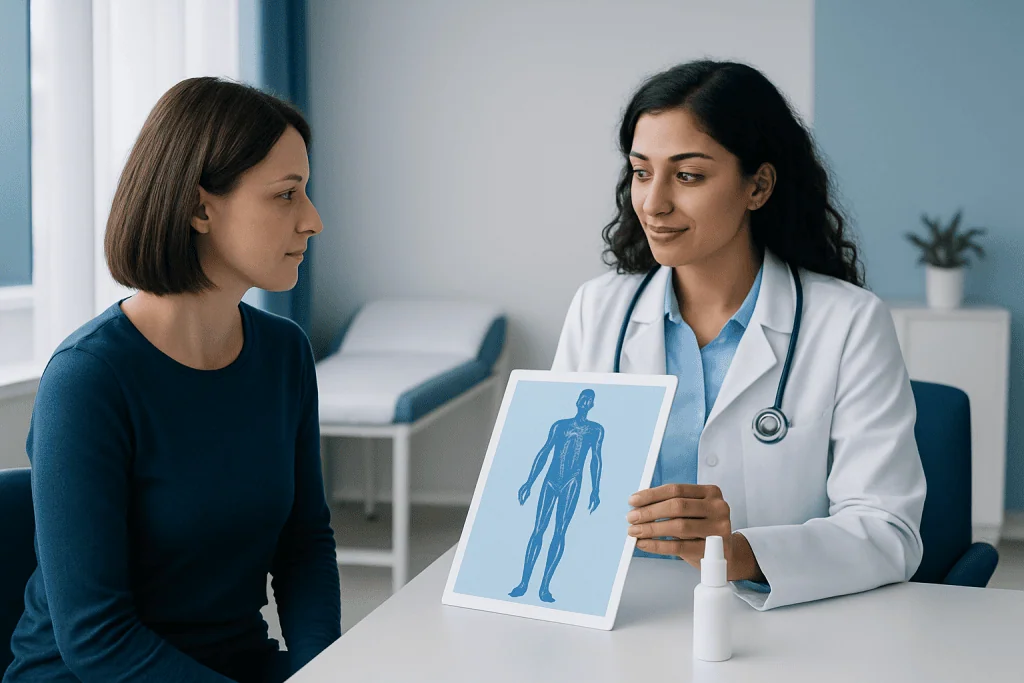 Doctor explaining medical chart to patient in consultation room.