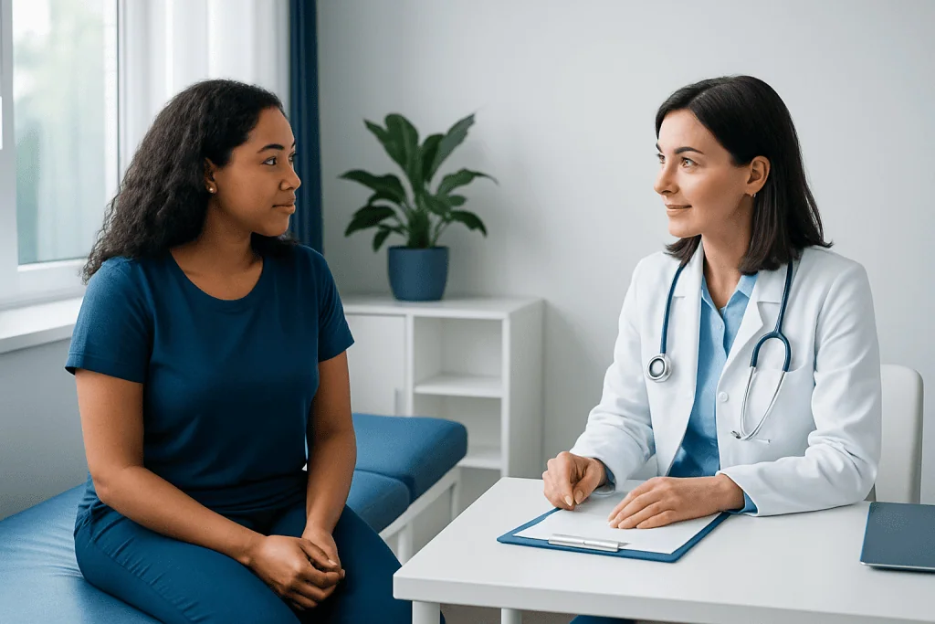 Doctor consulting with patient in a medical office setting.