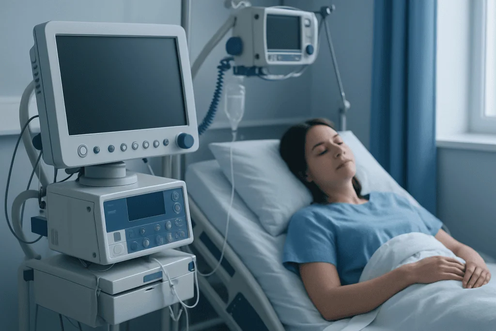 Young woman in hospital bed with medical monitors and equipment.