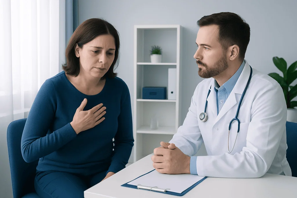 Doctor consulting with a woman patient about health concerns in a clinic setting.