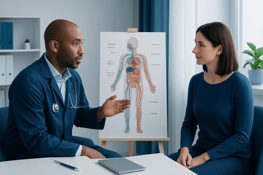Doctor explaining human physiology to a patient in a medical consultation.