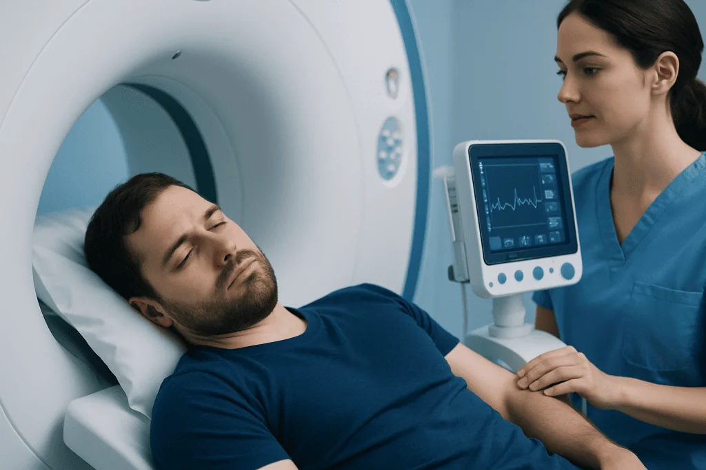 Patient undergoing MRI scan at Acibadem Hospital with medical staff monitoring.