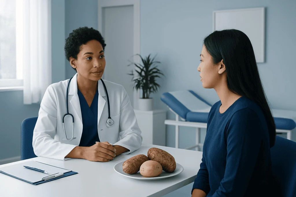Doctor consulting patient about abdominal issues in a medical office.