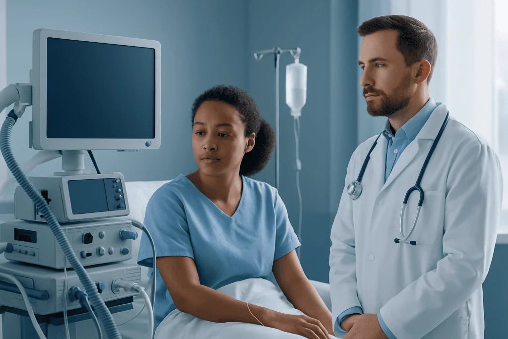 Doctor consulting a patient in a hospital room with medical equipment.