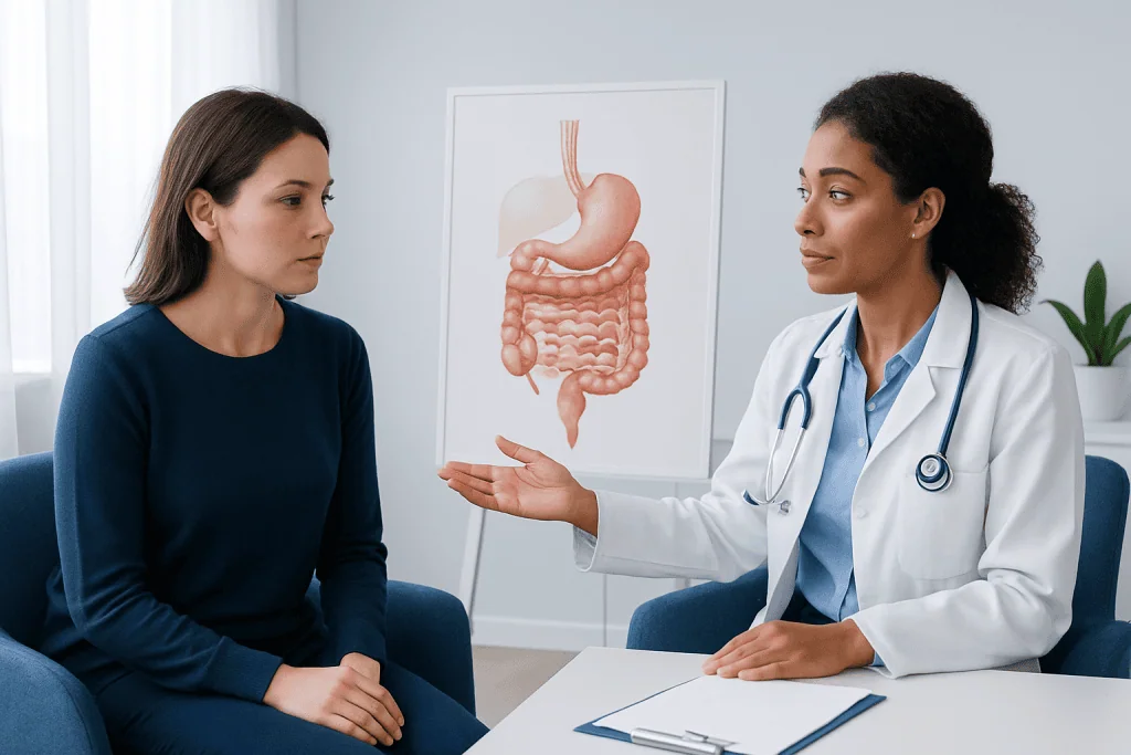 Doctor explaining digestive system to patient in medical consultation room.