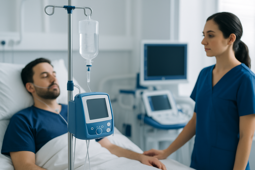 Hospital patient receiving IV treatment in a clinical setting.