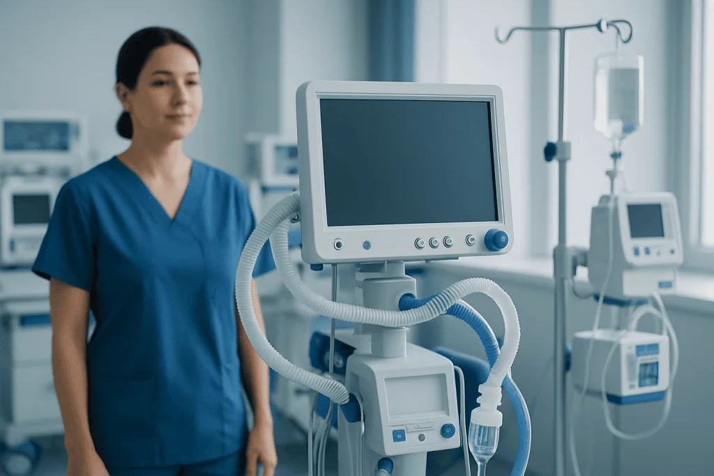 Medical professional in a hospital with ventilator and monitoring equipment.