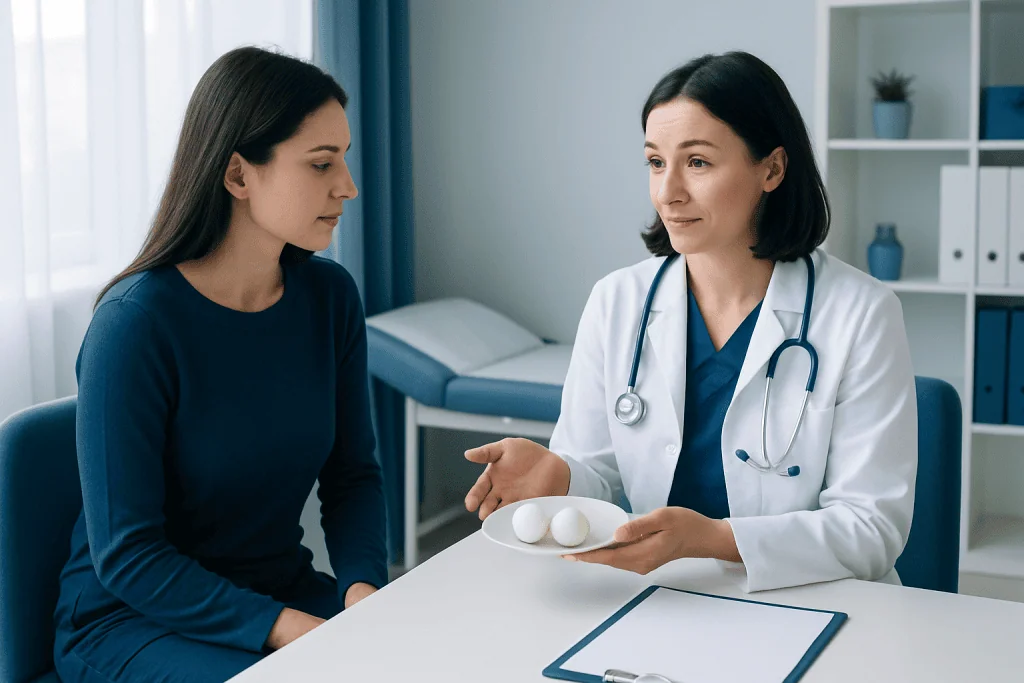 Doctor explaining benefits of eggs to patient in a clinic setting.
