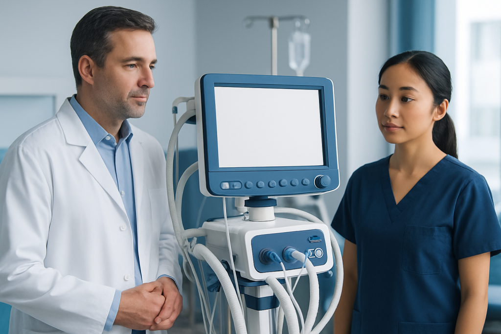 Medical professionals using ultrasound equipment in a hospital setting.