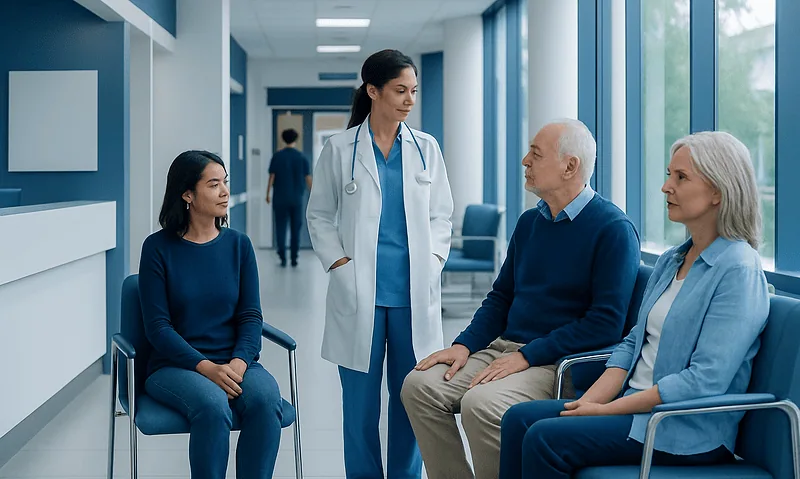 Doctor consulting with elderly patients in hospital corridor.