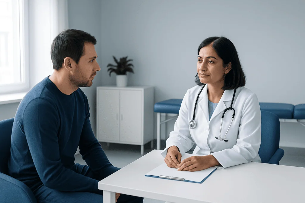 Doctor consulting with a patient in a modern medical office.