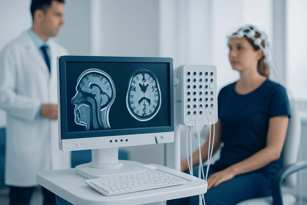 Medical professional examining brain scan images on computer monitor.
