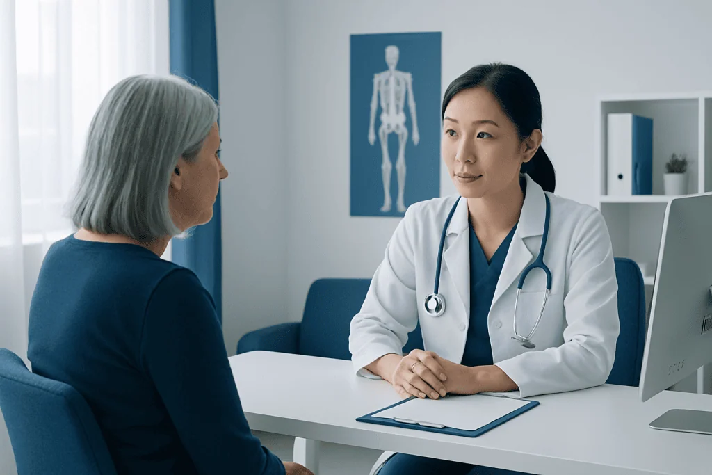 Doctor consulting with an elderly patient in a modern hospital office.