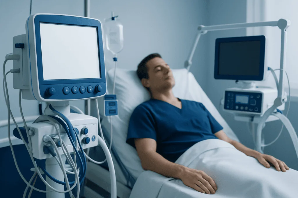 Patient in hospital bed with medical monitors and equipment.