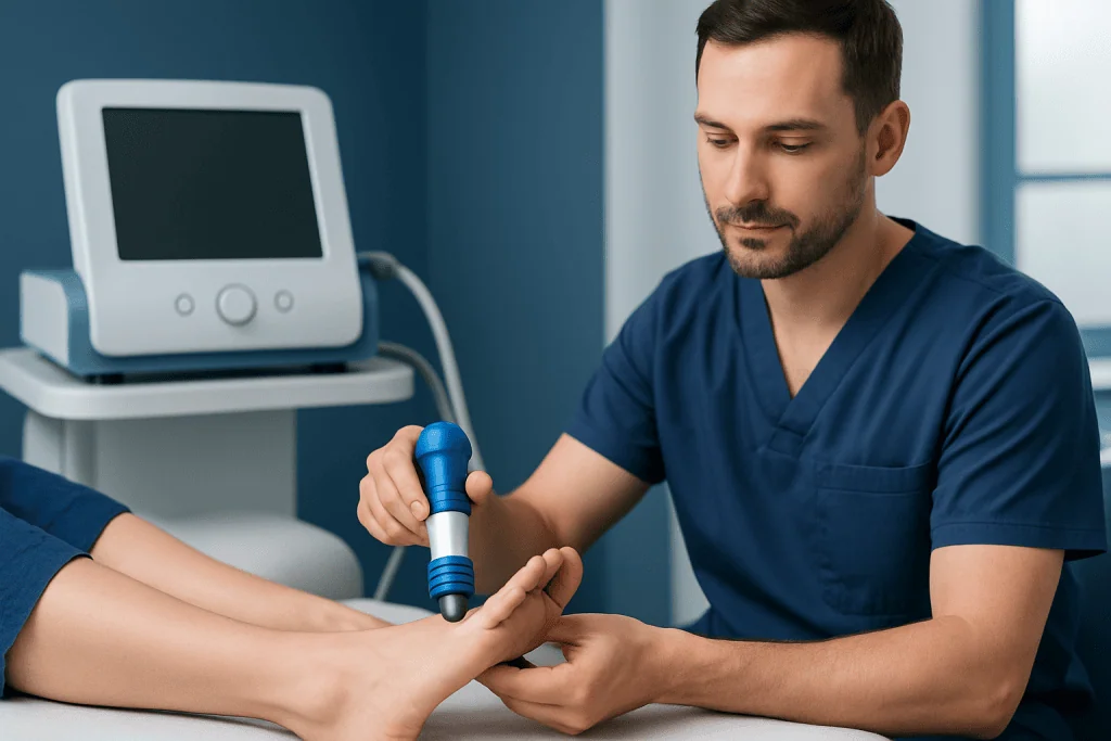 Medical professional performing plantar fasciitis massage therapy on patient's foot.