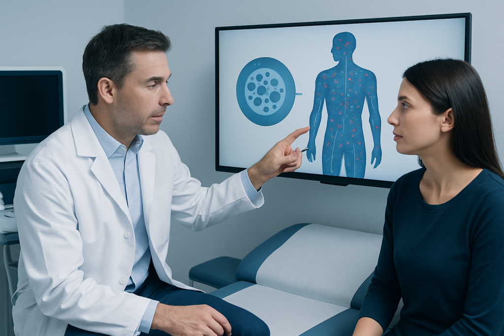 Doctor explaining mastocytosis to patient in a medical consultation.