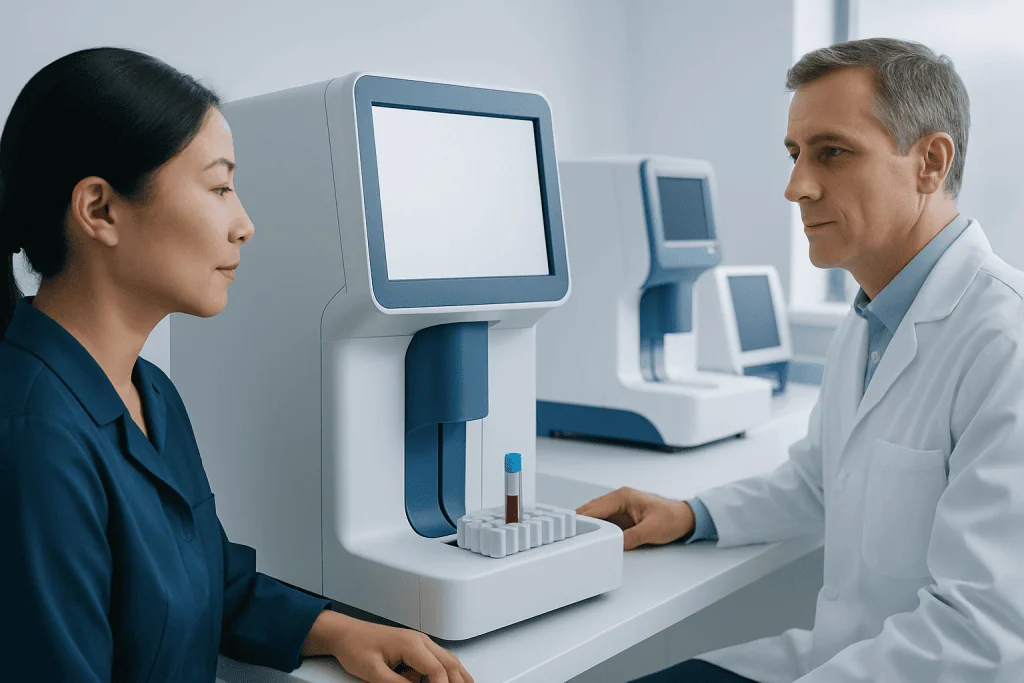 Medical professionals conducting blood tests in a modern laboratory setting.
