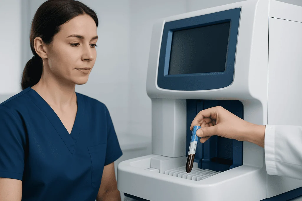 Laboratory technician using blood analyzer machine at hospital.