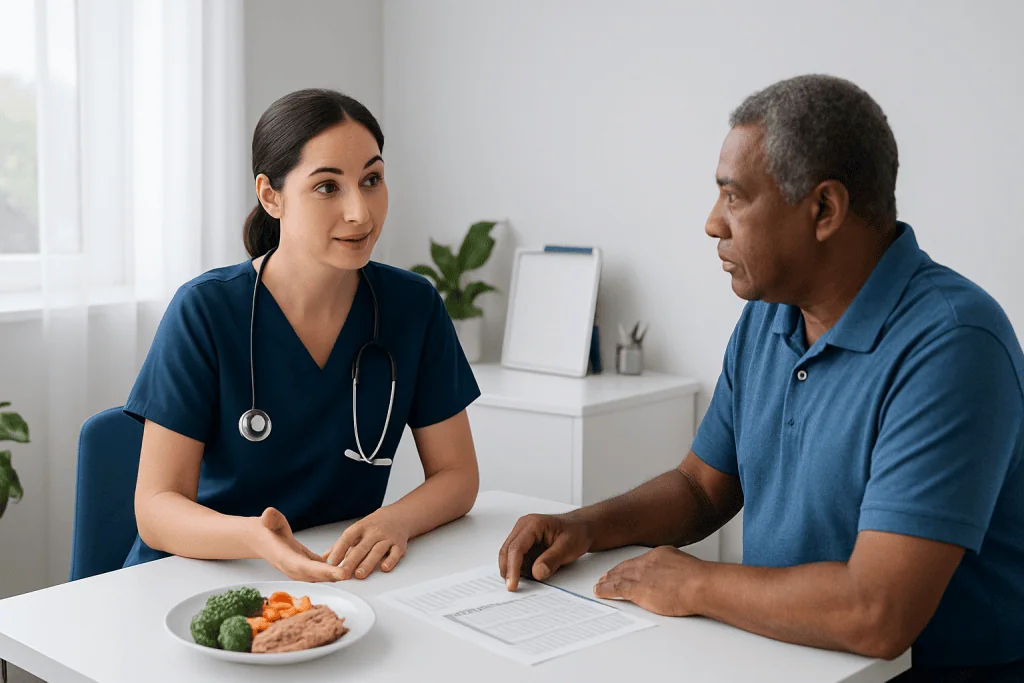 Doctor consulting with patient about meal plan at Acibadem Hospital.