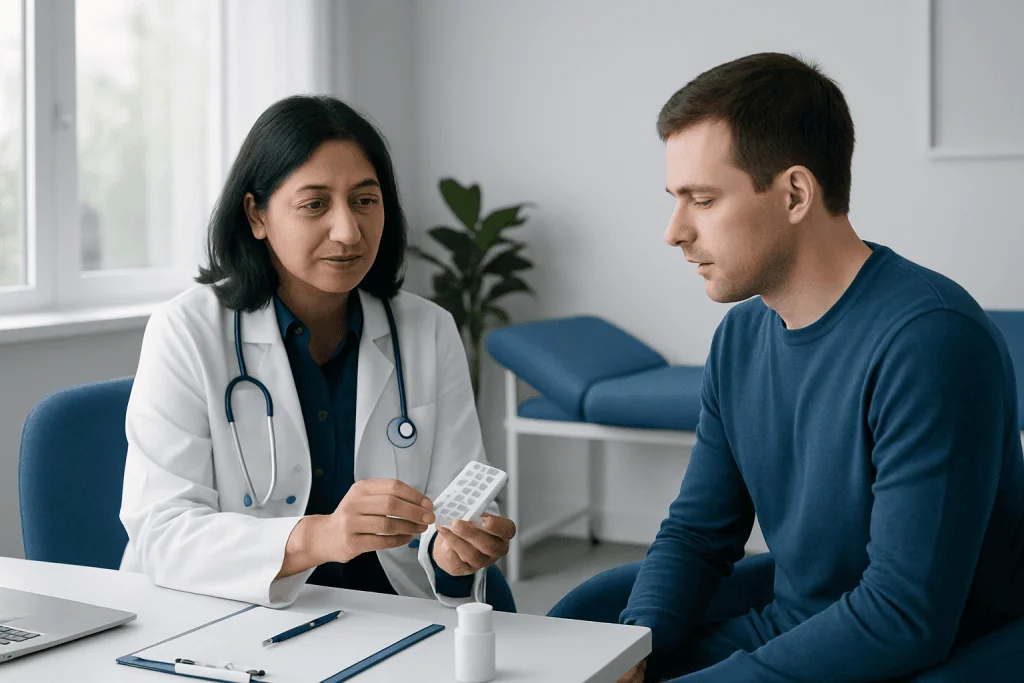 Doctor explaining medication to patient in a clinic setting.