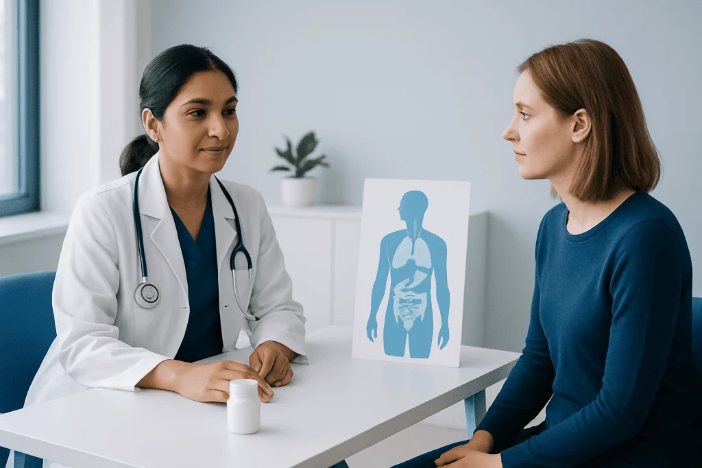 Doctor consulting with patient about digestive health in clinic.