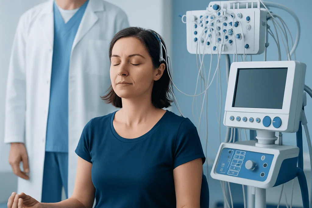 Woman undergoing medical test with monitoring equipment in hospital.
